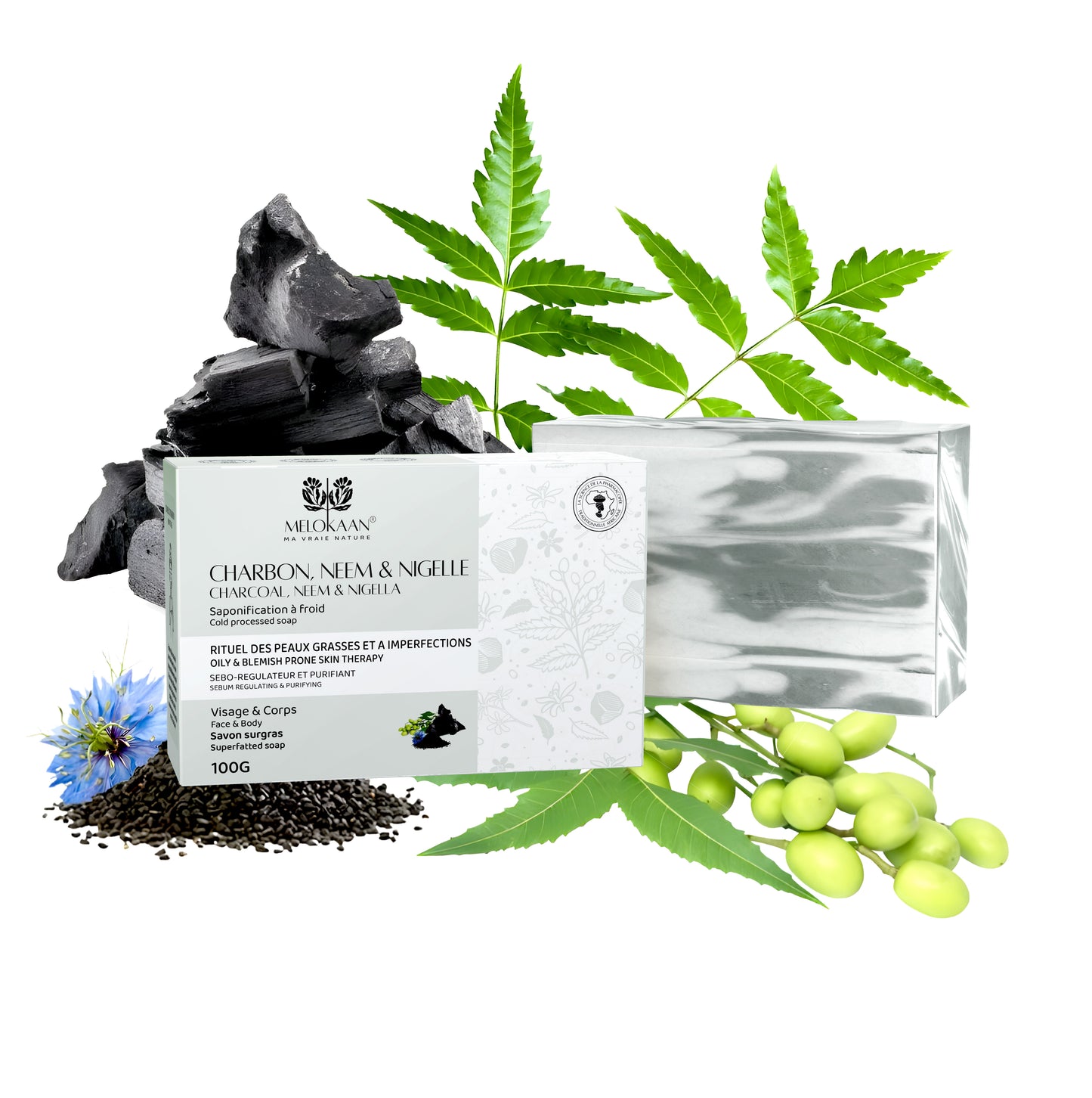SAVON CHARBON NEEM & NIGELLE / CHARCOAL, NEEM & NIGELLA BAR SOAP - 100g