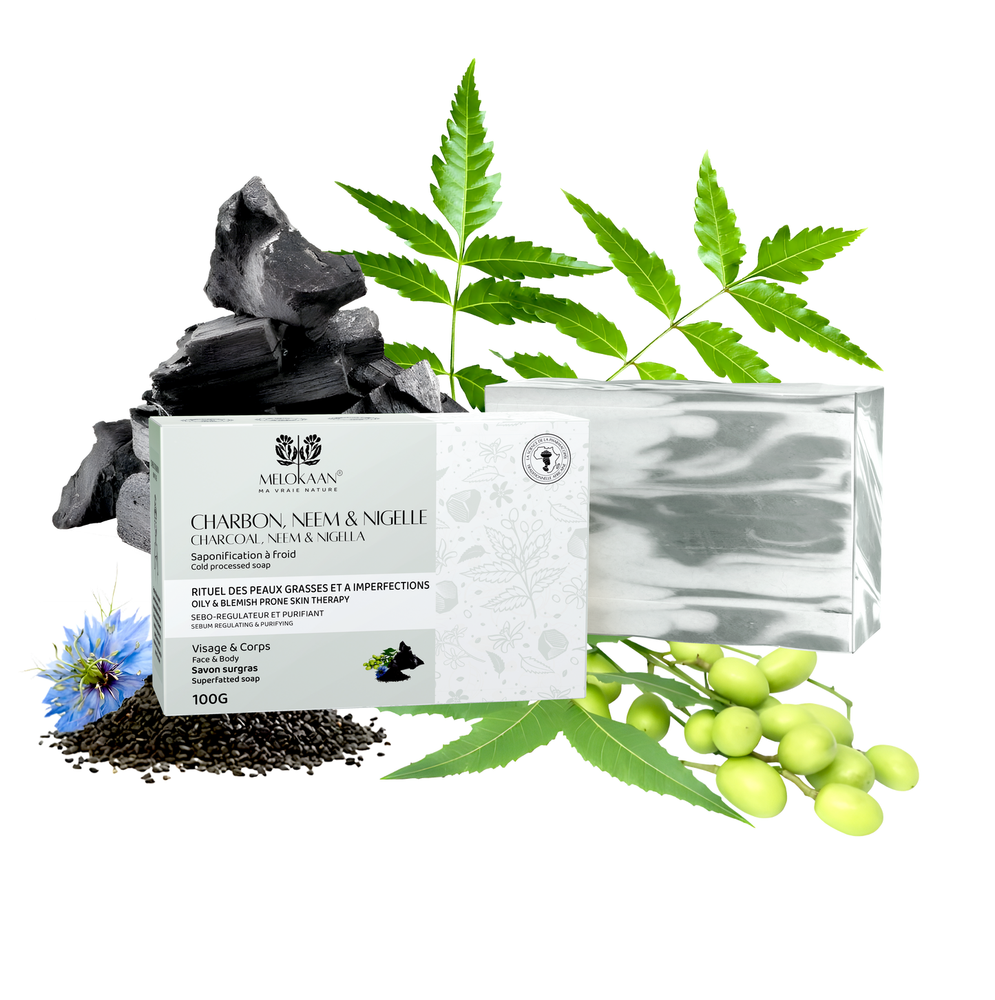 SAVON CHARBON NEEM & NIGELLE / CHARCOAL, NEEM & NIGELLA BAR SOAP - 100g